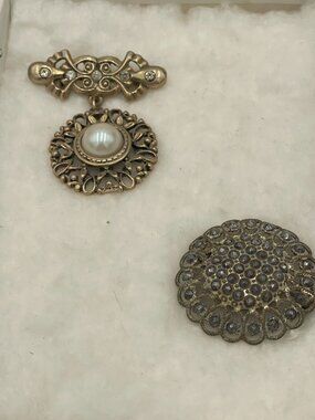 Vintage Gold-Tone Filigree Brooch Pearl Rhinestone Victorian Cut Steel Set of 2